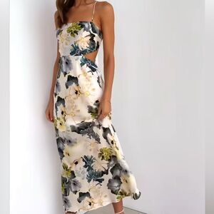 Hello Molly Strapless Floral Cutout Midi Dress in Cream, Green & Gray